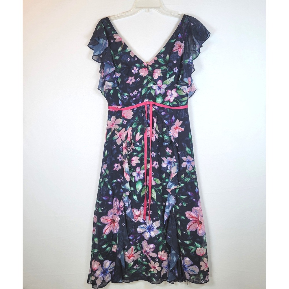 Marchesa Notte Womens Floral Ruffle Empire Waist Tie Mod Midi Dress Size 4 Blue